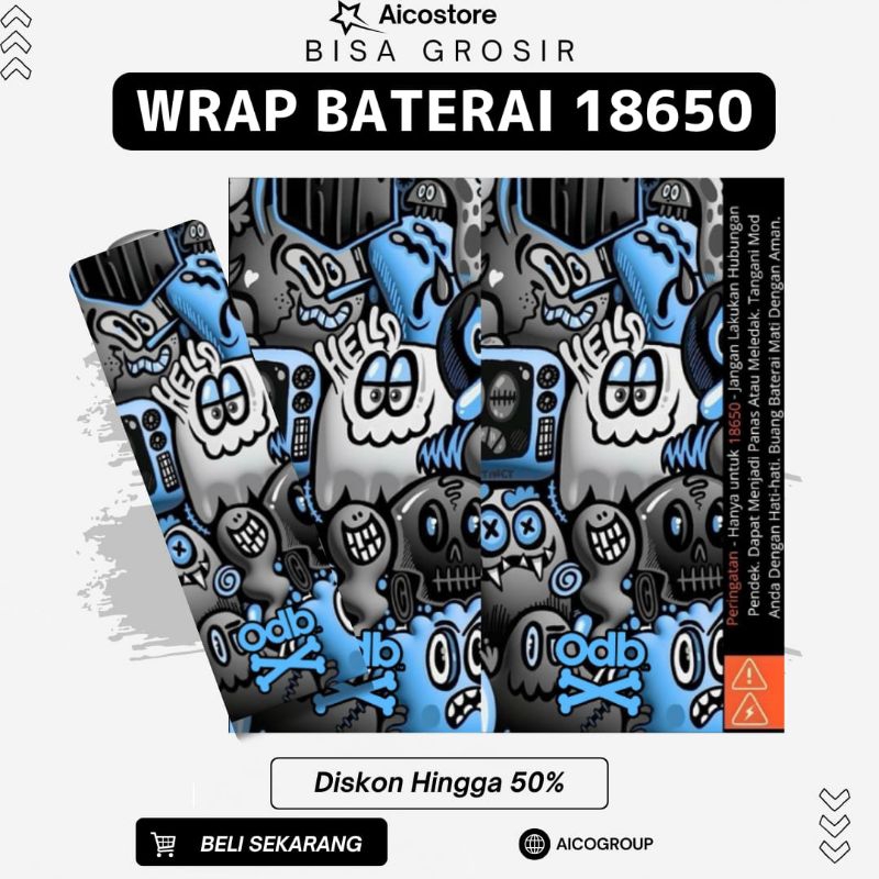 AICOSTORE - Skin Wrap Baterai 18650 ODB Motif Anime Doodle Gravity Biru Ungu Pink Keren Lucu Kekinia