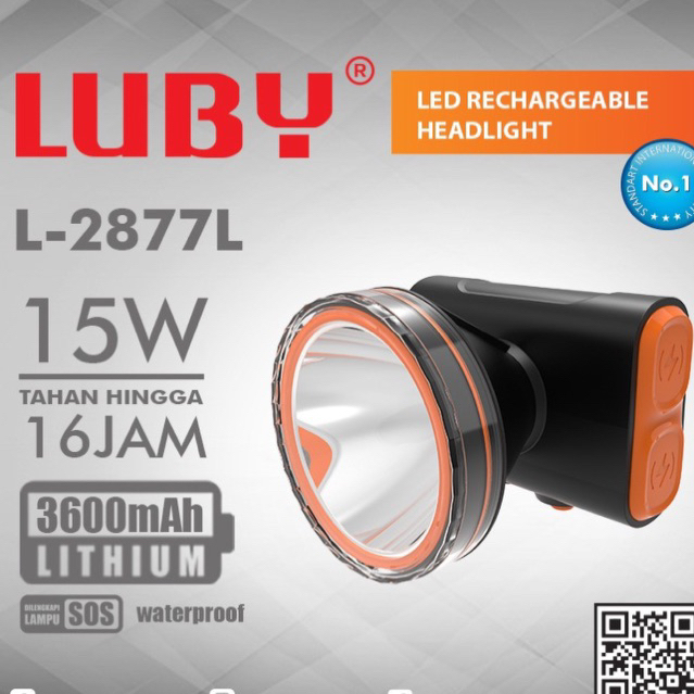 Senter  Luby LED L2877 - Senter Kepala 15 Watt Cas Ulang