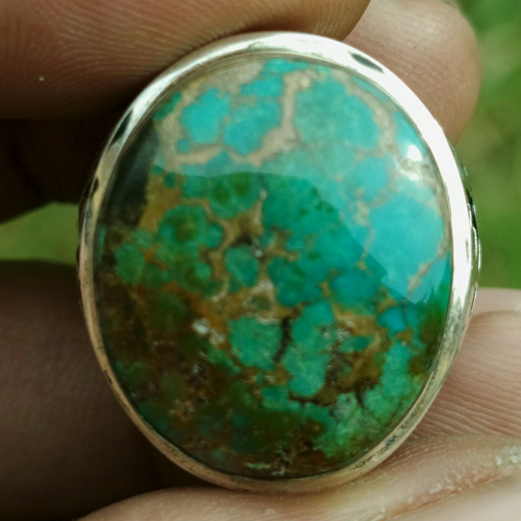 Batu Natural Pirus Persia Hijau Urat Emas Matrik Jaring Laba Kuning Keren  Dim-20 Ring Perak Handmad