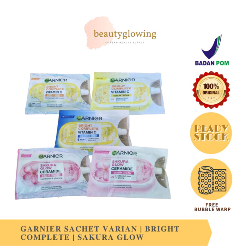 GARNIER SACHET SERIES BIRGHT COMPLETE | SAKURA GLOW | SERUM CREAM / FACE WASH / SLEEPING MASK WHITEN