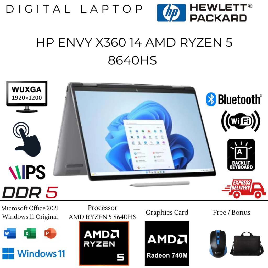 Laptop 2IN1 HP Envy X360 14 AMD Ryzen 5 8640HS 16GB DDR5 1TB SSD WUXGA IPS Touchscreen Win11Home