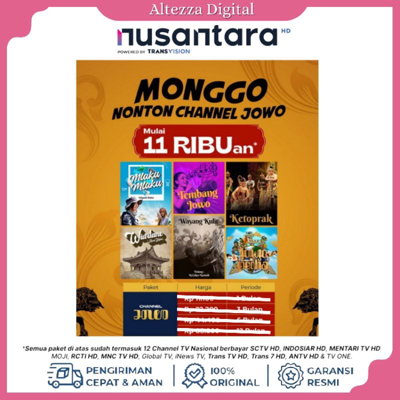 Tv Voucher Paket Nusantara HD Transvision Chanel JOWO TV 1Bulan