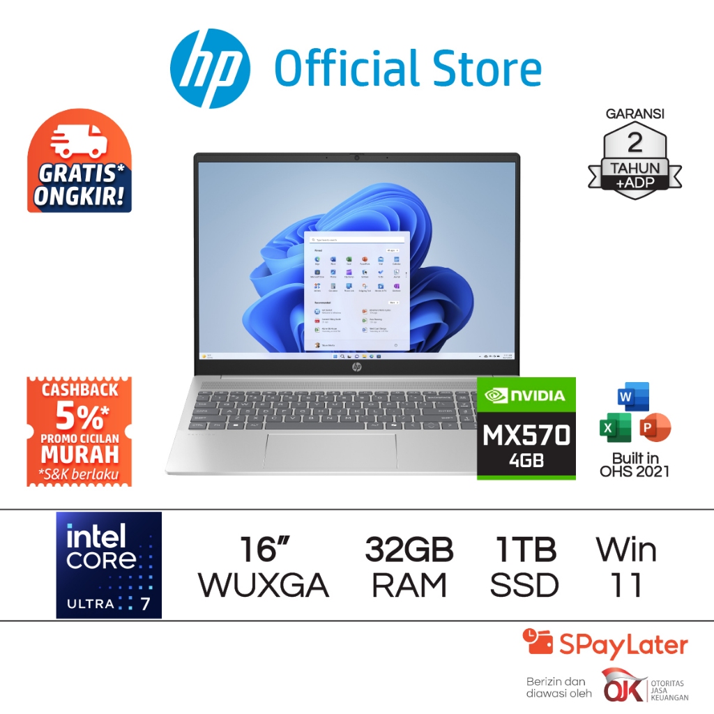 Laptop HP Pavilion Intel Core Ultra 7 NVIDIA GeForce 32GB RAM 1TB SSD Silver Windows 11 Home 16 Inch