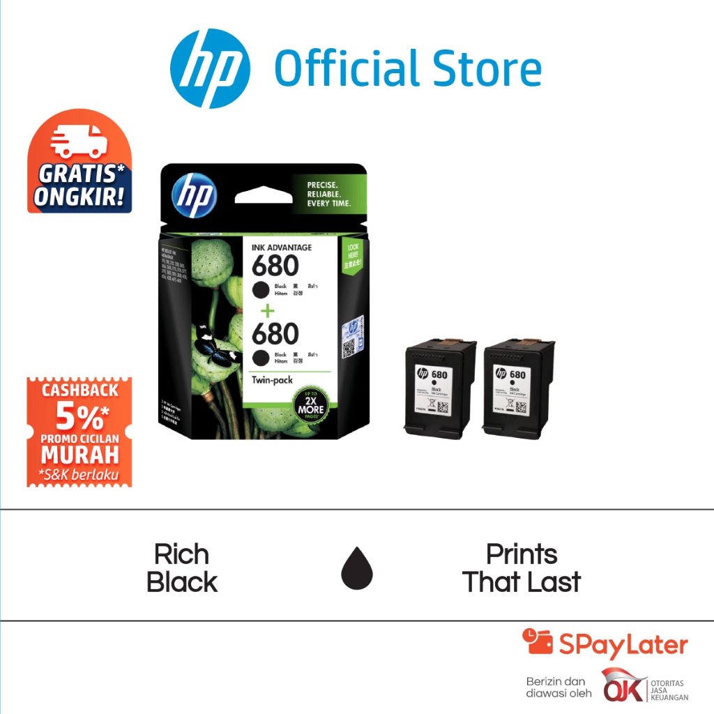 Tinta Printer HP Original 680 Hitam Warna Combo 2 Pack Cartridge Asli / Twin Pack / Tri Color / Colo