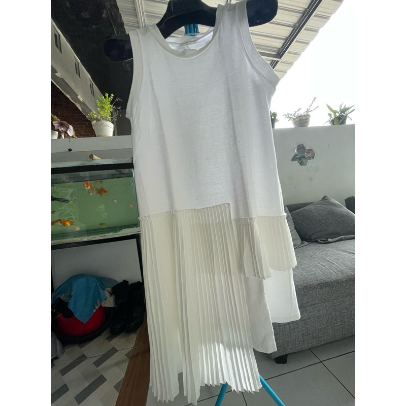 dress wanita putih knit mix plisket premium white ribbon pie