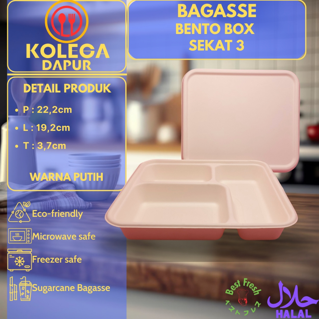 Bagasse Bento Box Sekat 3 Dengan Tutup - Bagasse Catering Box 3 Sekat Kotak Makan
