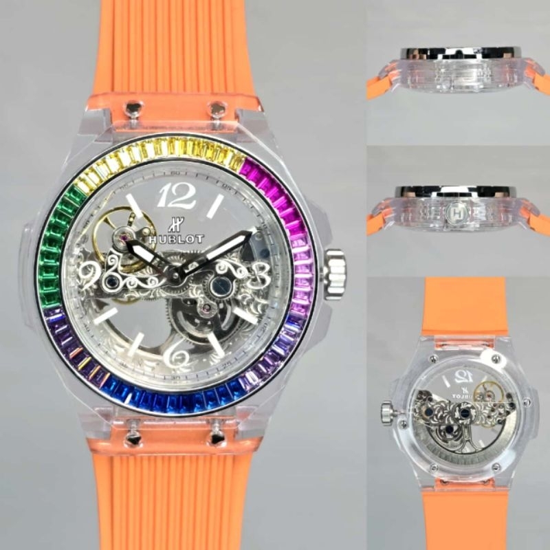 JAM TANGAN PRIA HUBLOT TRANSPARANT BRIGDE RAINBOW AUTOMATIC JAPAN SUPER QUALITY DIAMETER 44MM
