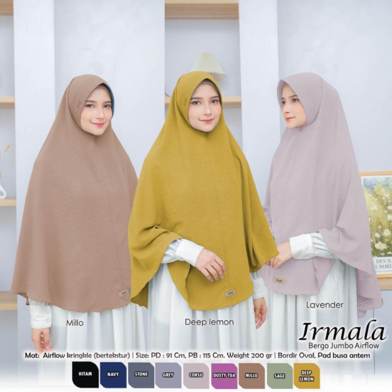 IRMALA BERGO JUMBO AIRFLOW ORIGINAL PRODUCT BY OVAL BAHAN AIRFLOW CRINKLE BERKUALITAS JILBAB INSTAN 