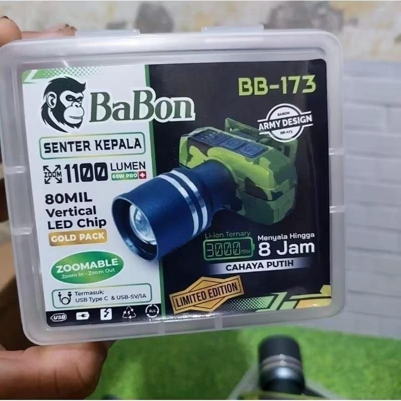Senter Kepala Army Babon BB-173 Putih Dan Kuning 60W Pro+ Senter Kepala Zoom
