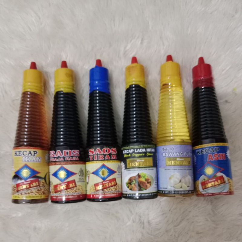 

pahe 1.1 isi 6botol (kecap ikan,saos prajarasa,saos tiram,kecap lada hitam,minyak baput,kecap asin)@150ml