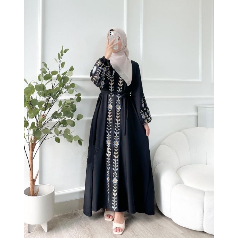 Rauna Dress gamis lebaran motif bordir bunga abaya hitam putih syar'i gamis muslimah Wanita