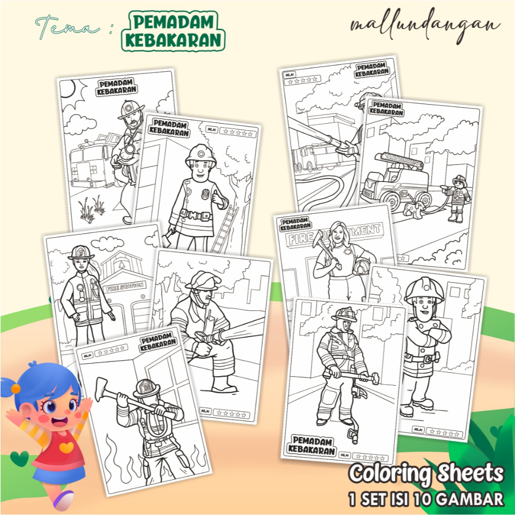 

LEMBARAN MEWARNAI ANAK A4 - KERTAS GAMBAR UNTUK ANAK TEMA PEMADAM KEBAKARAN - PAPER COLORING SHEETS FOR KIDS