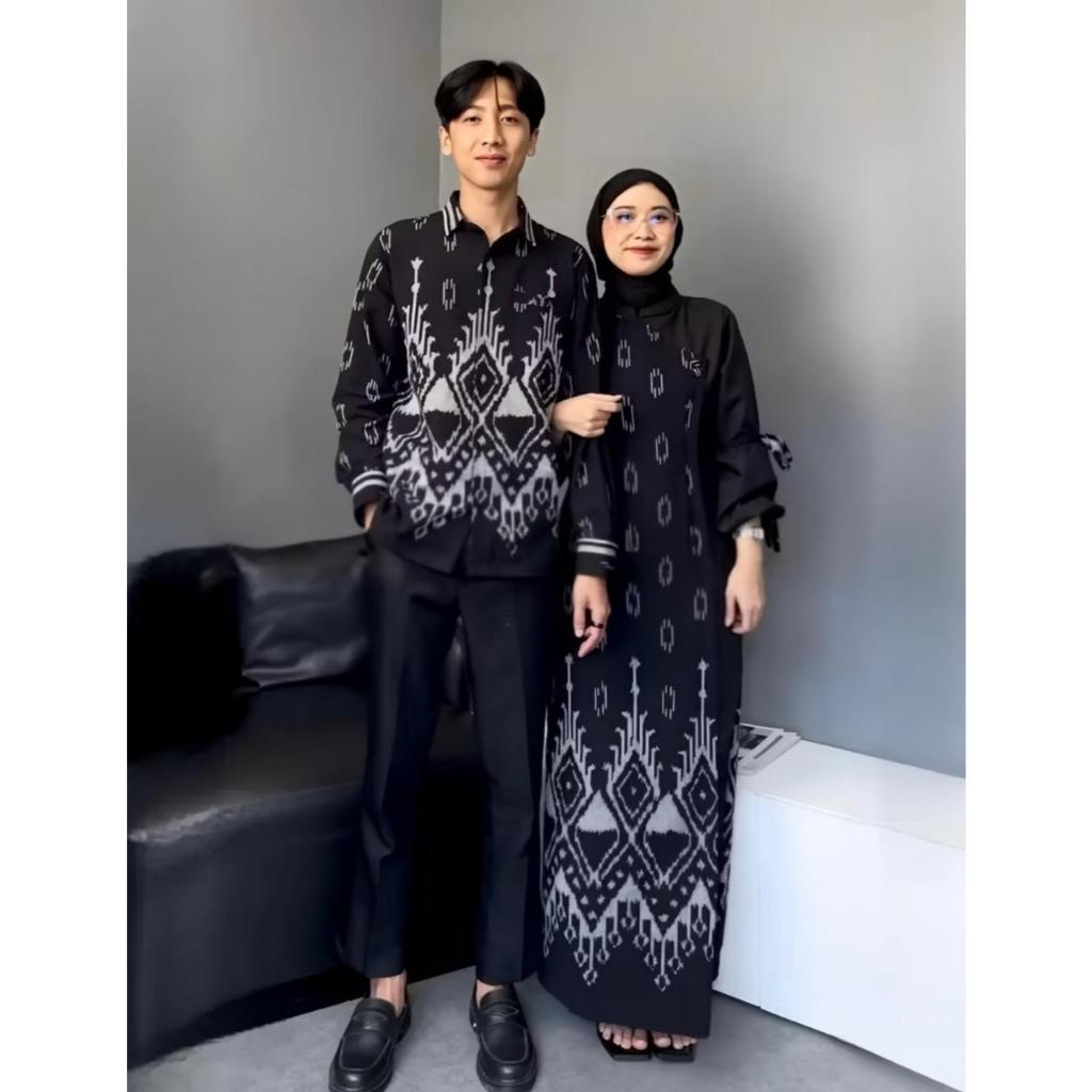 SET COUPLE TENUN AZELLA DRESS HITAM TENUN COUPLE LEBARAN BAJU PASANGAN BAJU KONDANGAN / BAJU COUPLE 