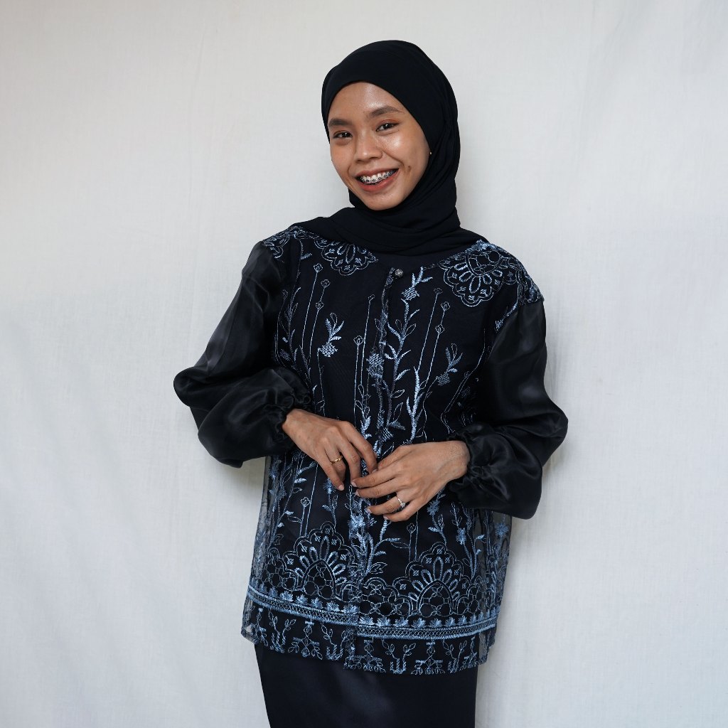 Outer Cardigan Baju Kondangan Blaxi | Brokat Mix Organza | Black Series