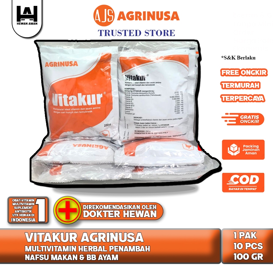 Vitakur Agrinusa 1 Pack 1000 gr (100gr&250gr) - Multivitamin Herbal Penambah Nafsu Makan BB Ayam