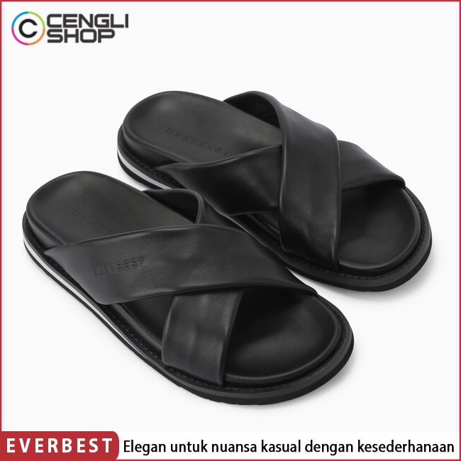 SANDAL KULIT EVERBEST PRIA ORIGINAL SENDAL SLIDE SLIP ON SLOP SELOP BRANDED ASLI ORI TERBARU HITAM B