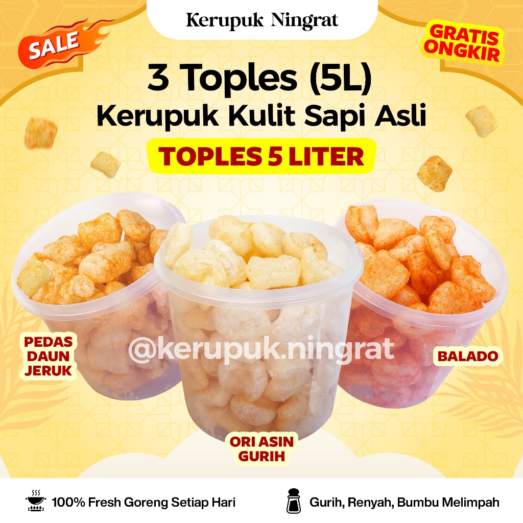 

KERUPUK KULIT TOPLES 5 LITER DAPAT 3 VARIAN RASA ORI ASIN GURIH, PEDAS DAUN JERUK, BALADO, BBQ, KEJU, BARBEQUE CEMILAN SNACK HALAL