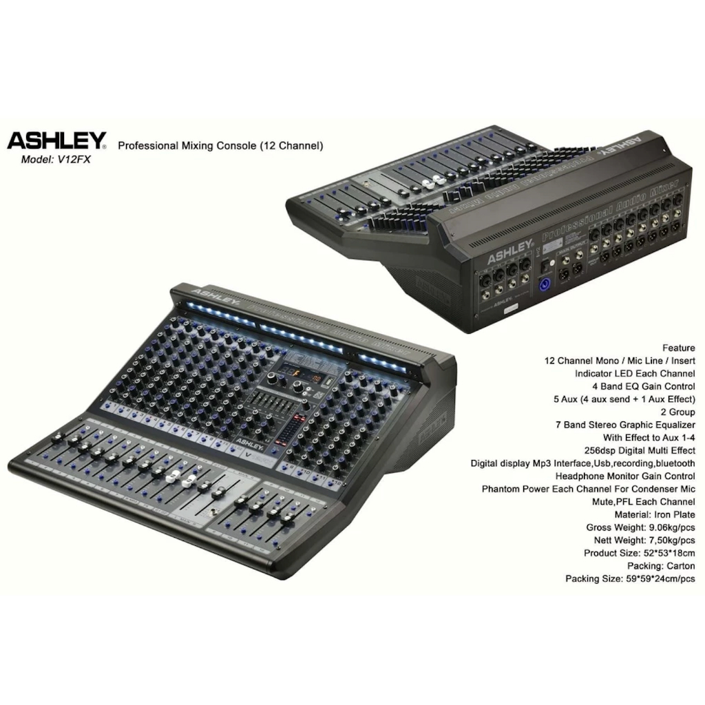 mixer audio ASHLEY 12 canel tipe V12FX / V12 FX / V12-FX – ORIGINAL