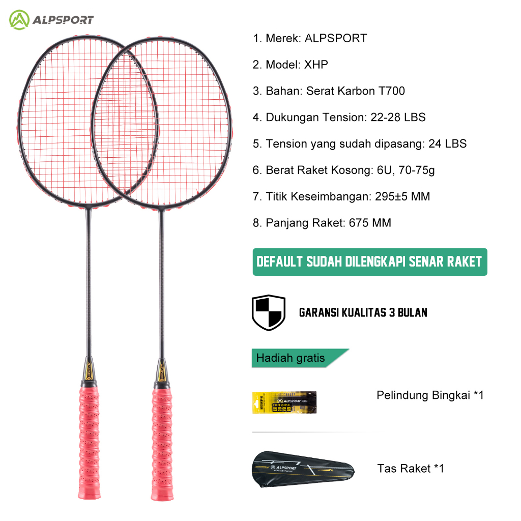 ALPSPORT XHP【2Pcs + Tas】6U G4 Max 30LBS Merah Raket BuluTangkis T700 100% Serat Karbon Penuh Badmint