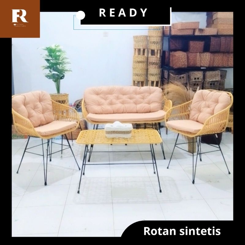 PROMO 1.1 SET KURSI RUANG TAMU GRATIS BANTAL ROTAN SINTETIS, KURSI TAMAN
