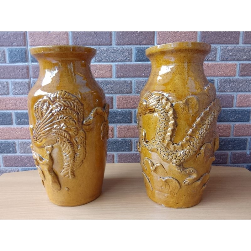 Guci Asli Kalimantan Tengah 25,5 Cm, Guci Tua Motif Naga & Burung Ori