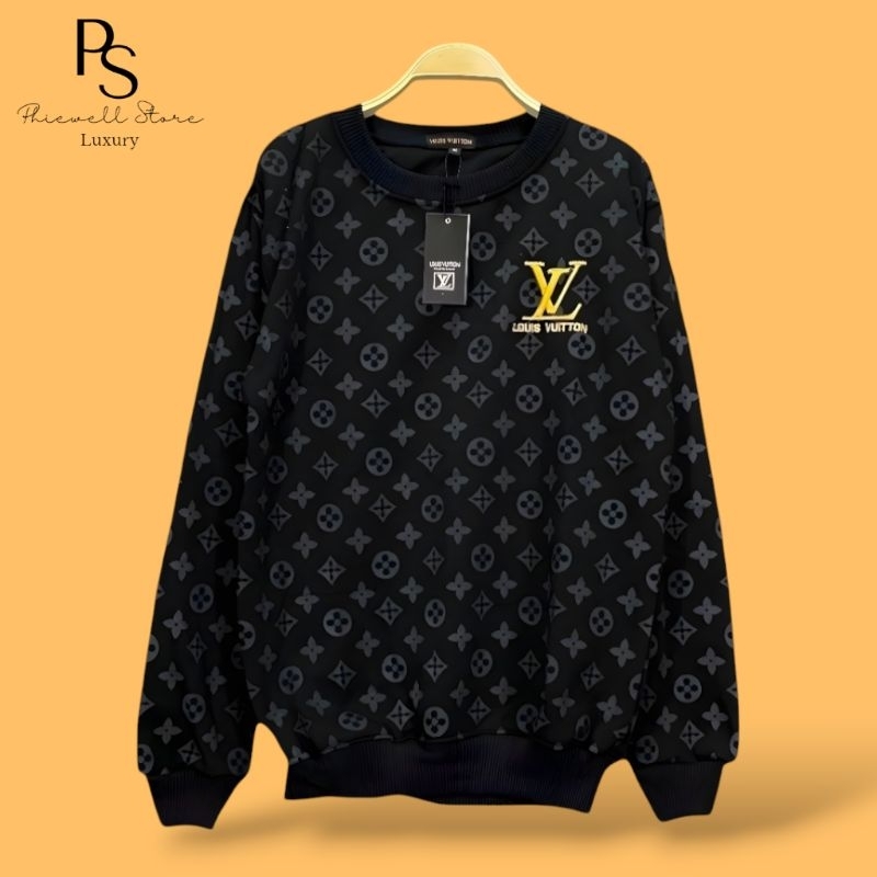 Crewneck Sweater Louis Vuitton LV Full Print Black Gold Graphic Fulltag Premium Hypebeast Unisex Pri