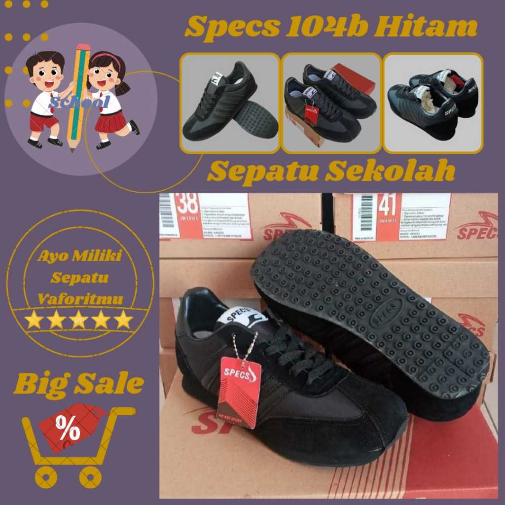 Diskon 50% Sepatu Specs Hitam 104b Sepatu Sekolah Anak & Dewasa