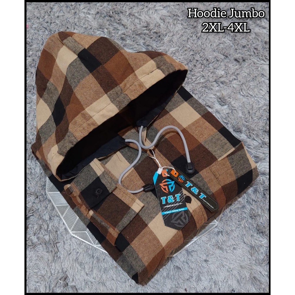 Flanel Kupluk / Cindung / Hoodie motif kotak garis Big Size Jumbo Besar XXL XXXL XXXXL / Atasan Pria