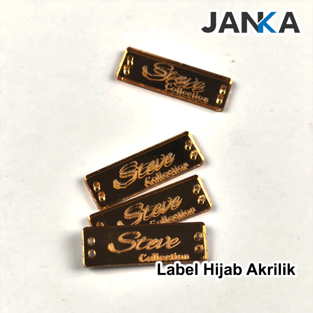 JANKA Label Hijab Custom Nama Branding Logo Merk Baju Pakaian Bahan Plat Akrilik Gold Model Tempel J