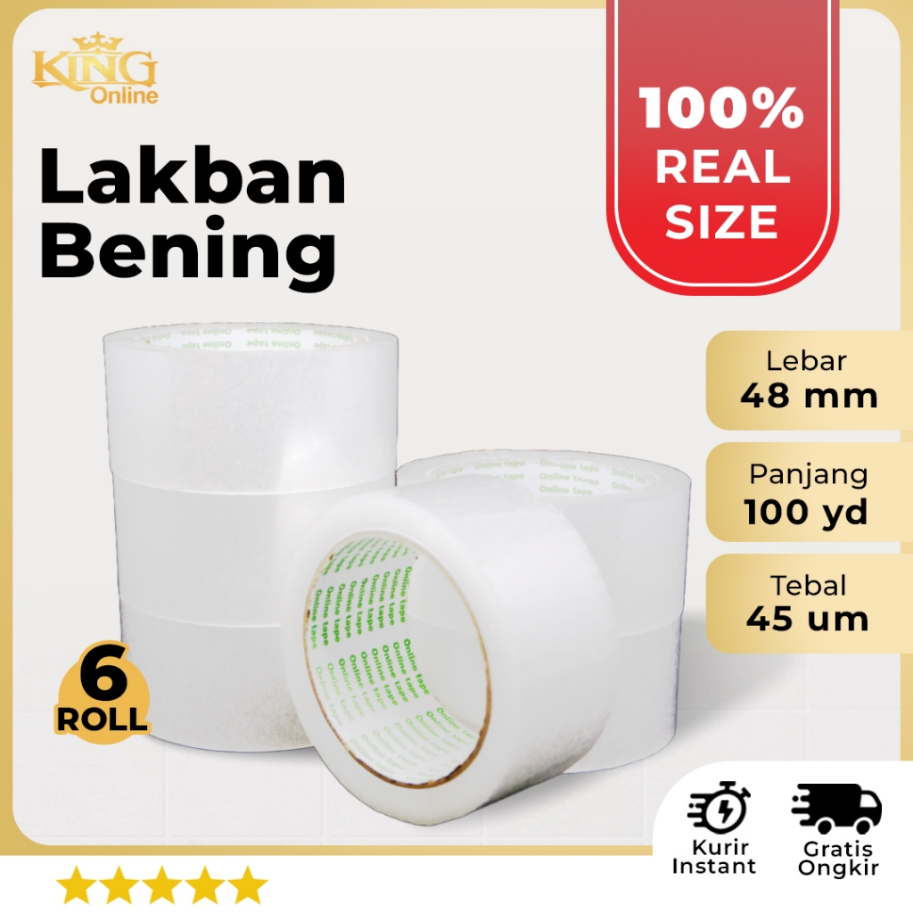 

6 Pcs Lakban Bening 48 MM X 100 Yard PURE Ukuran Real 1 Slop Tebal Kuat Isolasi ONLINE TAPE OPP