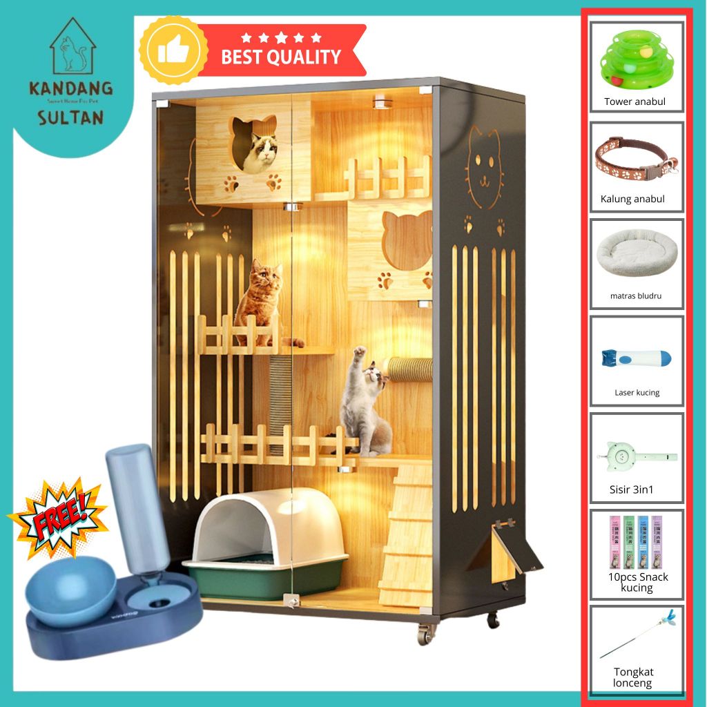 Kandangsultan-Catquarium|Villa|Kandang|Rumah Kucing Kayu Medium B7 Hitam Oak Wood 90*60*155cm Terbua