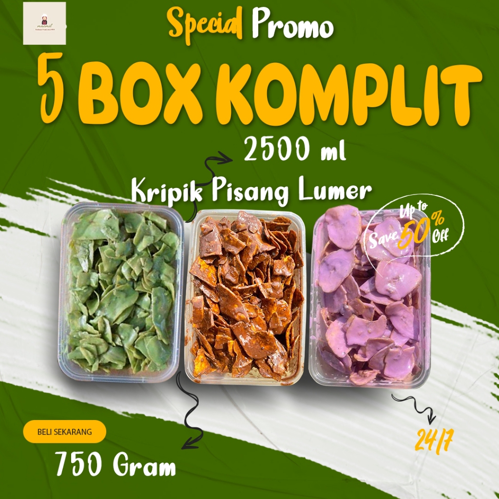 

PROMO 5 BOX KRIPIK PISANG LUMER 2500 ML PAKET KOMPLIT SEMUA VARIAN RASA