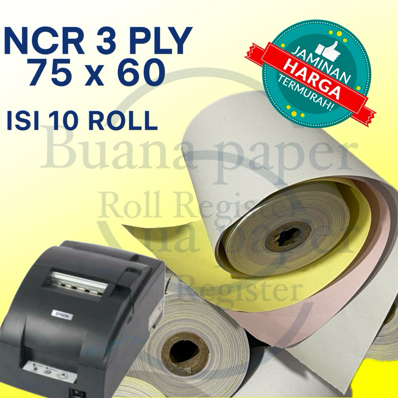 

PMK KERTAS KASIR ROLL Putih Merah Kuning NCR 3PLY 75x60 isi10roll Cocok untuk printer kasir Dot Matrix 75mm