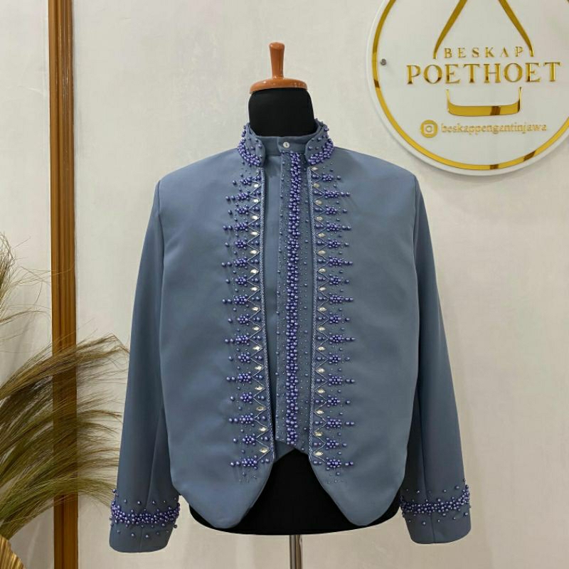 Beskap pengantin Jawa krowak biru denim blue Payet simple elegan