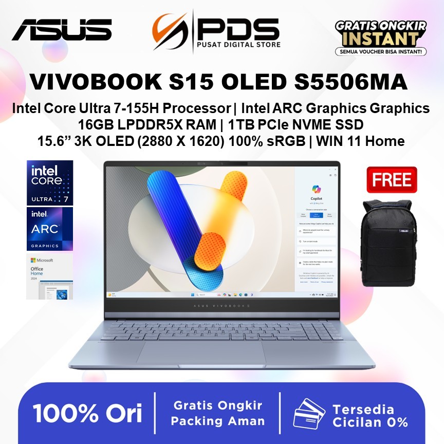 LAPTOP ASUS VIVOBOOK S15 OLED S5506MA ULTRA 7 155H 16GB 1TB W11 15.6QHD IPS 3K 120HZ