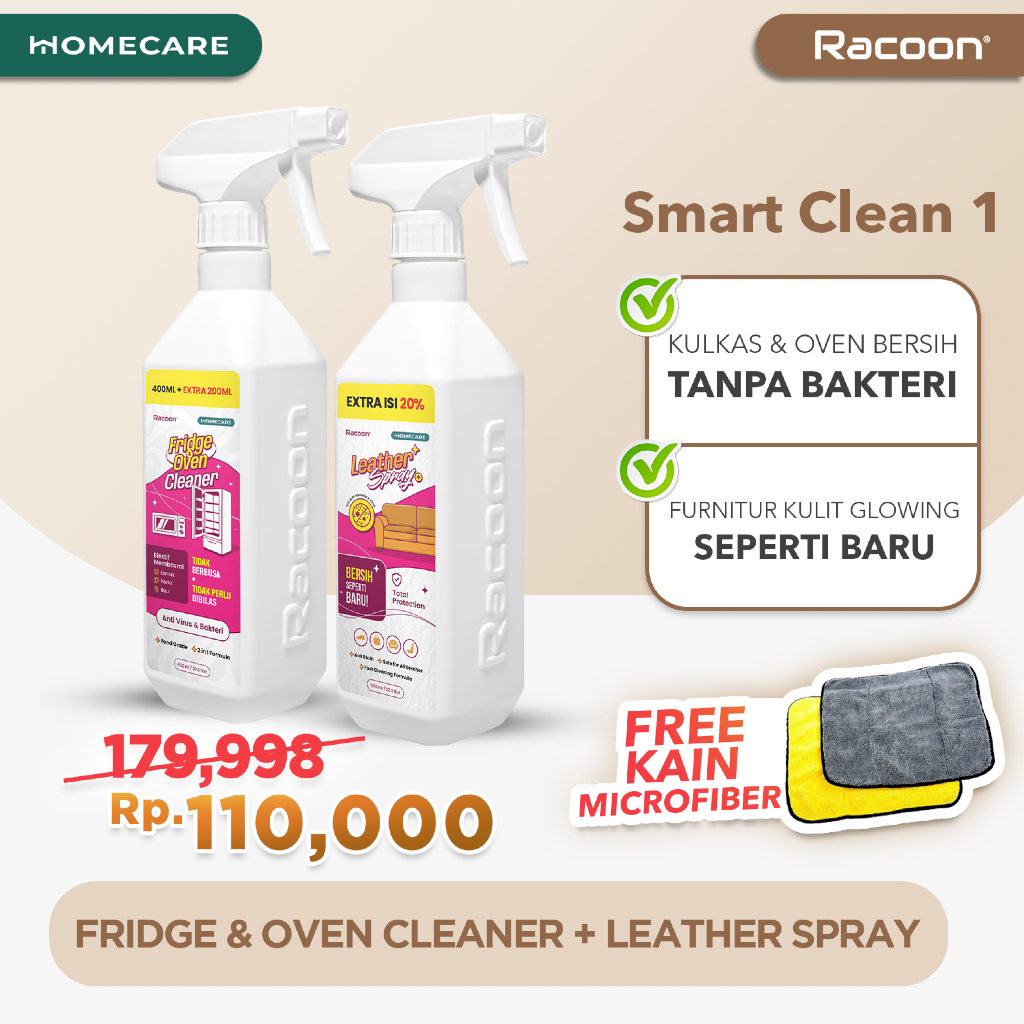 RACOON Smart Clean 1  Spray Pembersih Kulkas 600ML + Spray Pembersih LeatherFREE KAIN MICROFIBER