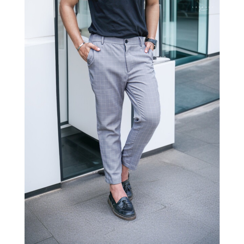 HAVAR x HAILUK Ankle Pants Tartan Abu Celana Panjang Slimfit Pria