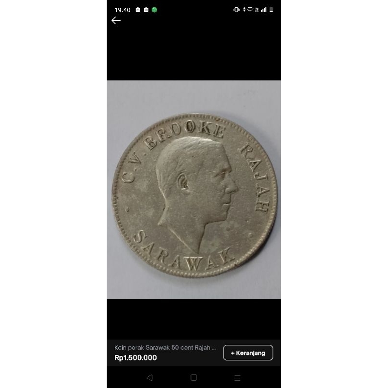 Koin perak Sarawak 50 cent Rajah Brook 1927 vf