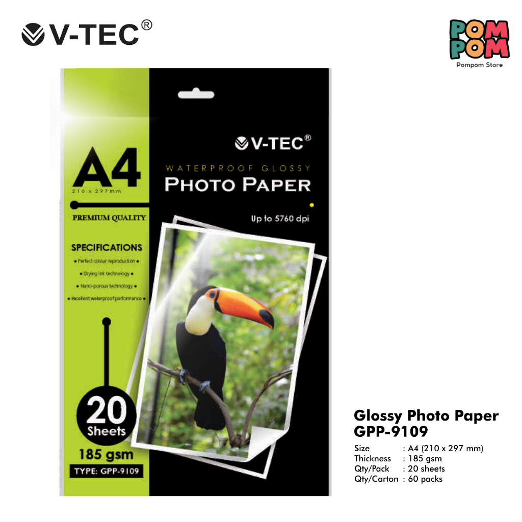 Glossy  Photo Paper A4 V-Tec Photo Paper A4 185 Gsm Type GPP-9109