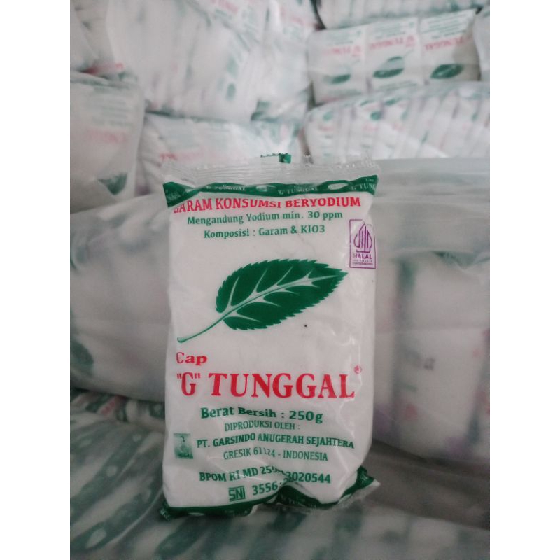 

GARAM KONSUMSI / DAPUR cap GTUNGGAL kemasan 250 gram, PUTIH,LEMBUT,KERING,