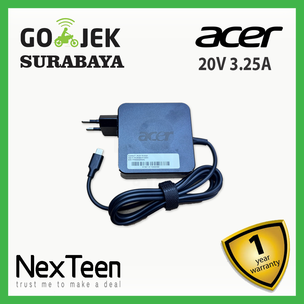 Adaptor Charger Acer Aspire 5 Spin 14 A5SP14 A5SP14-51MTN Aspire Vero AV14 20V 3.25A Type-C
