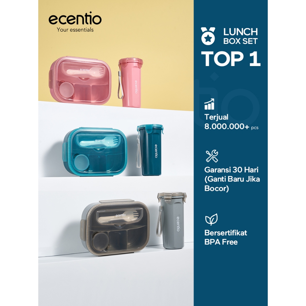 ecentio kotak bekal anti tumpah kotak tempat bekal 1200ml+500ml lunch box set free sendok kotak saus