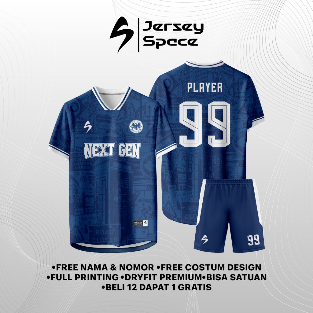 JS53 - Jersey Full Printing Jersey Futsal Sepak Bola Free Costum Design Nama Nomor Logo Sponsor