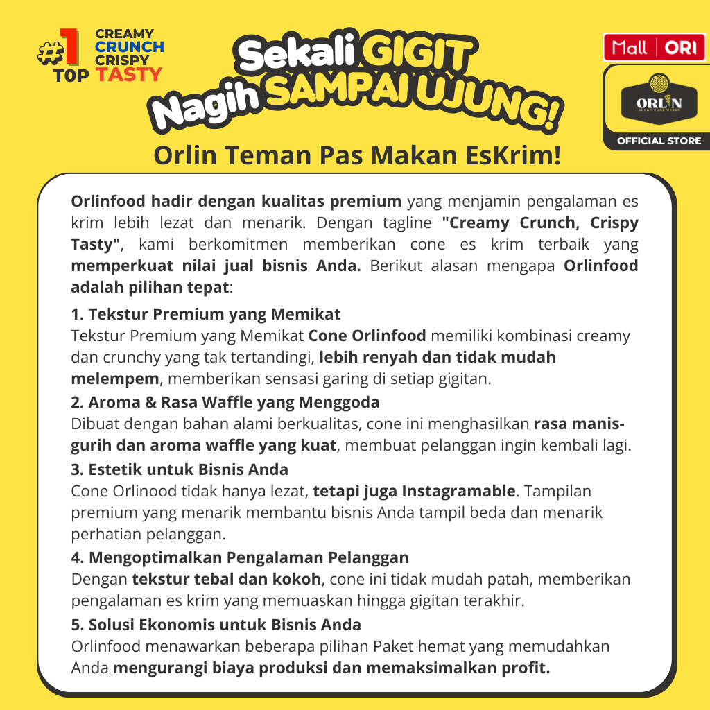 

ADY78 ORLIN Starter Pack Middle ffle Cone Ice Cream 3,5cmx10cm isi 50pcs Sekali Gigit,Nagih Sampai