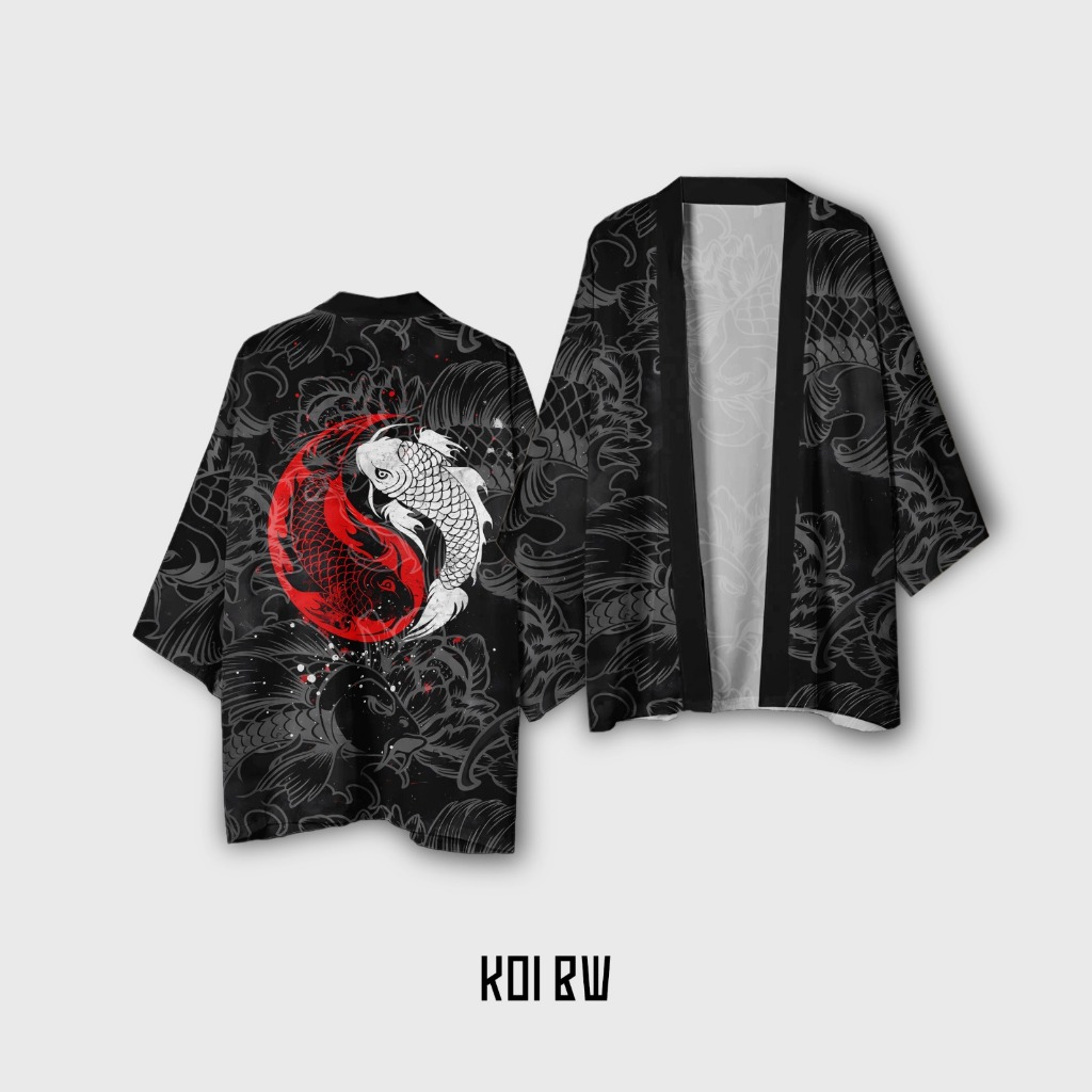 Haori Kimono Outer Outwear Casual  FullPrint Koi Bw