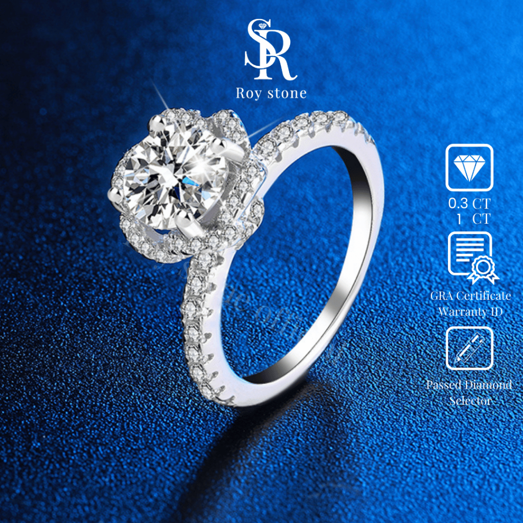 RoyStone - Cincin Rosella Ring Moissanite Original Wanita Sertifikat GRA Perhiasan Silver Asli Lapis