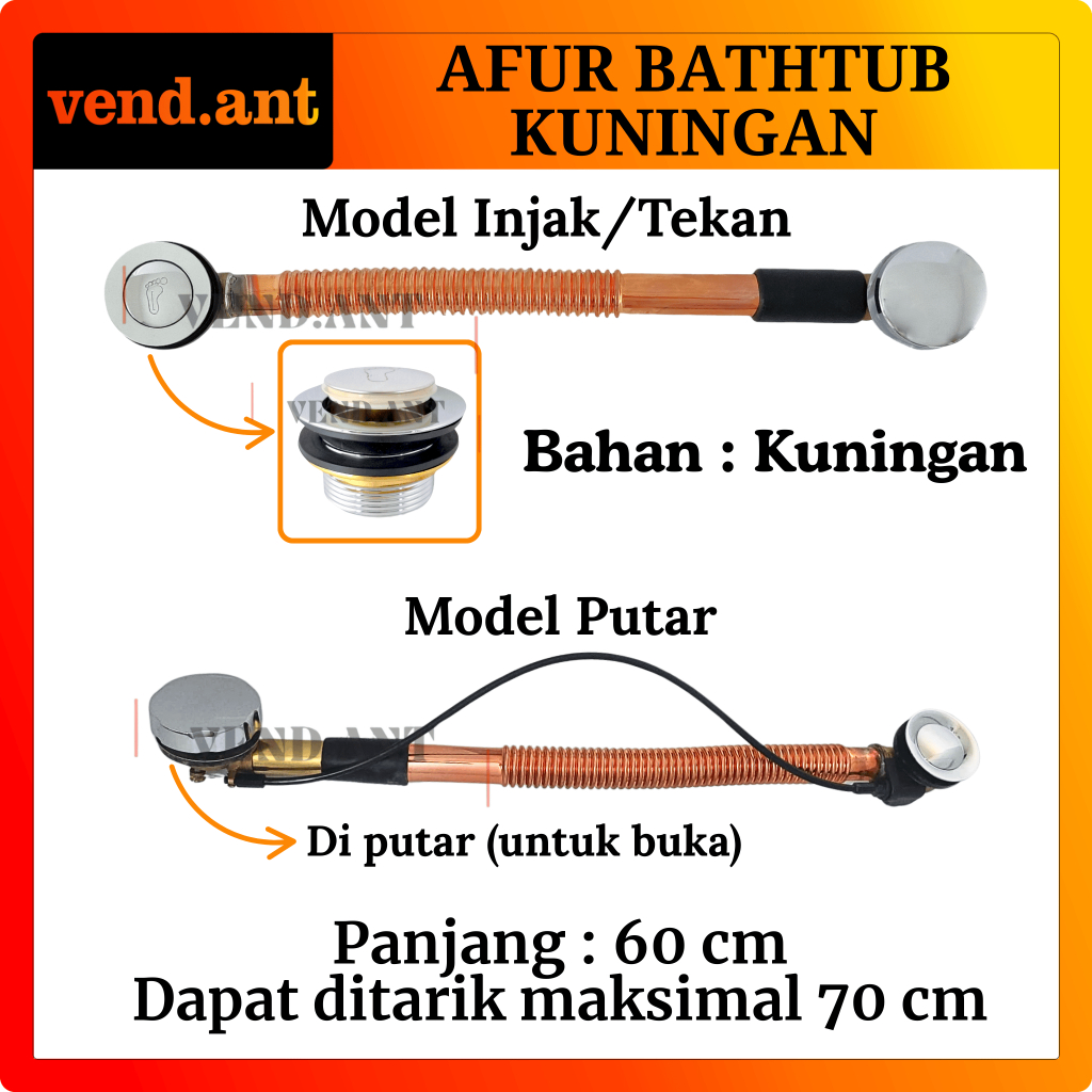 Afur Pembuangan Air Avur Bathtub Model Pop Up Injak Tekan Putar Kuningan