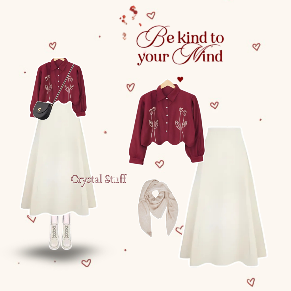 Crystalstuff - 3 In 1 One Set Korean Style Hijab Style Outfit Korea Setelan Baju Hijab Korean Style 