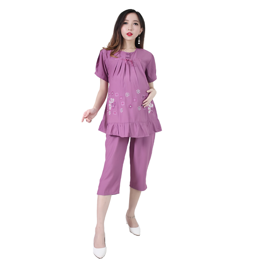 Setelan Baju Lengan Pendek Celana Hamil 7/8 Flower Box Bahan Rayon Vicose Allsize