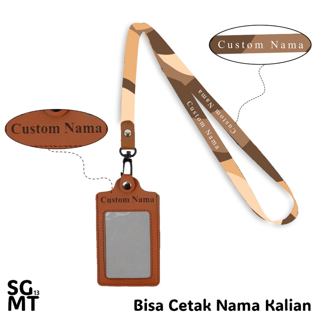 Id Card Custom + Lanyard Kulit - Lanyard Nametag Satuan dan Custom Nama - Id Card Holder Leather